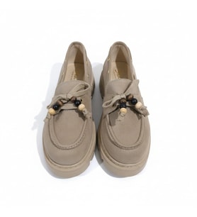 Kadın Yüksek Kaymaz Taban Bej Süet Boncuklu Bağcıklı Loafer Oxford Ayakkabı