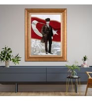 Altın Varaklı Çerçeveli Paspartulu Atatürk Tablo TR1351 (Gold)