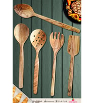Zeytin Ağacı Ahşap Tahta Kaşık Çatal Kevgir Seti ( Zeytin Ağacı ) Ağaç Kaşık 5 Li Set (Model 3)