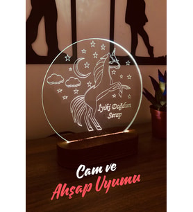 DOĞUM GÜNÜ HEDİYESİ - AHŞAP ve CAM GECE LAMBASI (Kişiye Özel) (Kahverengi)