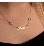 Kişiye Özel 925 Ayar Gümüş Çift Nazar Boncuğu İsim Kolye (Gold)