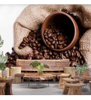 Çuvalda Kahve Çekirdekli Cafe Duvar Kağıdı Baskı