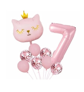 Taçlı Pembe Kedi 7 Yaş Folyo Balon Set