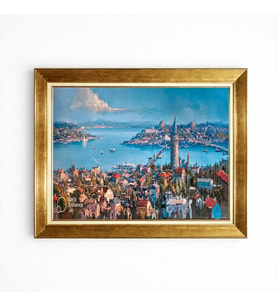 Tablore Galata Kulesi Ve İstanbul Panoraması Yağlı Boya Dokulu Gold Çerçeveli Tablo