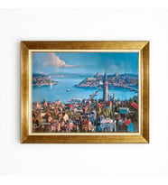 Tablore Galata Kulesi Ve İstanbul Panoraması Yağlı Boya Dokulu Gold Çerçeveli Tablo