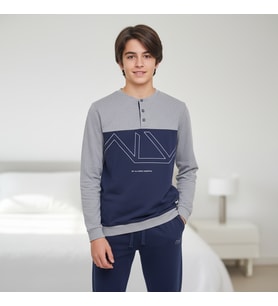 Genç Erkek Pamuklu Gri - Lacivert Renk Pijama Takımı AL008 V2 BB2439