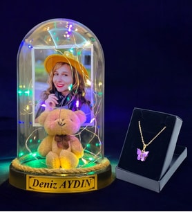 Sizlere Özel Renkli Led Işıklı Fanus ve Kelebek Kolye Hediye Seti (Model 9)