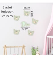 İsimli Ahşap Kelebek Duvar Süsü 5’li Set – Çocuk Odası Dekoru  5 Renk Seçeneği, Kişiye Özel (Y.Yeşil)