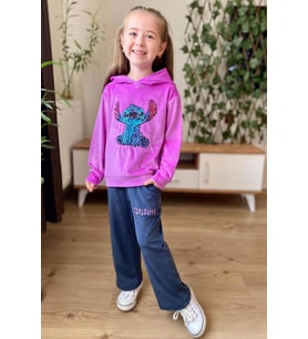 Kız Çocuk Stitch Karakter Baskılı Pullu Sweatshirt Mor Kadife Eşofman Takım