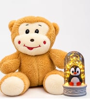 LED Işıklı Mutlu Penguenli Fanus ve Sevimli Mutlu Peluş Maymun Hediye Seti