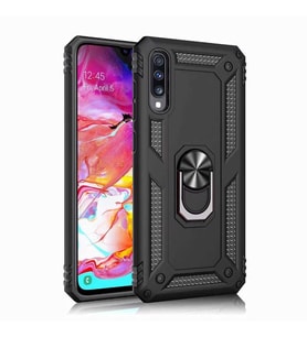 Samsung Galaxy A70 Uyumlu Kılıf Standlı Manyetik Yüzüklü Military Magnetic Ring Polycarbonate and TPU Case (Siyah)
