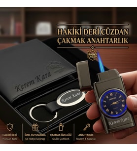 Kişiye Özel Hakiki Deri Cüzdan Saatli Çakmak Anahtarlık Erkek Hediye Seti - Babaya Eşe Sevgiliye Arkadaşa Hediye