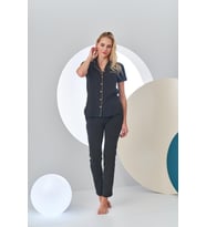Pjs 24213 Kadın Puantiyeli Düğmeli Pijama Takım (Siyah)