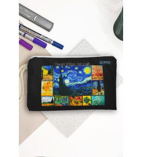 Van Gogh Desenli Kalem Kutusu Yıkanabilir Bez Kalemlik  (Siyah)