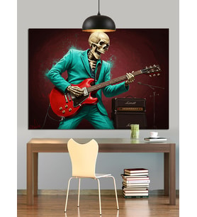 Elektro Gitar Çalan İskelet Figürü Dekoratif Kanvas - Mdf Ahşap Tablo