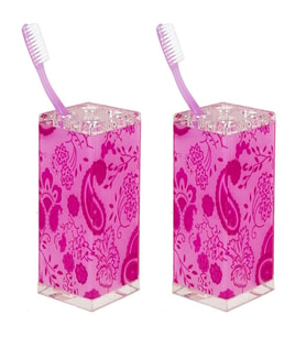 2 ADET DİŞ FIRÇALIK PEMBE ÇİÇEKLİ AKRİLİK 6X6X12CM BANYO SETİ