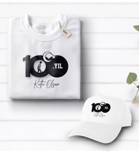 BK Gift 100. Yıl Hatırası Beyaz Tişört ve Şapka Hediye Seti-1, 29 Ekim Hediyesi, Cumhuriyet Bayramı, 100.Yıl Hediyesi