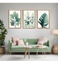 3'lü Ahşap Lamine Çerçeveli Mdf Tablo Pastel Yeşil Yapraklar (Ahşap)