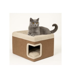 Yataklı MDF Kedi Köpek Evi, Pati Dostu Kumaş, 55x37x34 cm