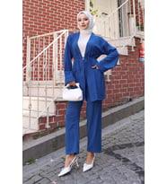 Cep Detaylı Kimono Takım İndigo