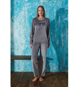 Kadın 13166-2 Önü Yazılı Kadife Pijama Takımı