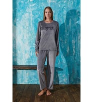 Kadın 13166-2 Önü Yazılı Kadife Pijama Takımı