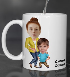 Kişiye Özel Fotoğraflı Karikatür Anne Çocuk Tasarımlı Kupa Bardak