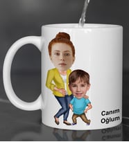 Kişiye Özel Fotoğraflı Karikatür Anne Çocuk Tasarımlı Kupa Bardak