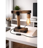 WoodyLight Rustik El Yapımı Masif Ahşap Masa Lambası - Retro Edison Tasarım Dekoratif Gece Lambası