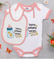 BK Kids Kişiye Özel Bana Sütümü Verin Tasarımlı Pembe Bebek Body Zıbın ve Mama Önlüğü Hediye Seti