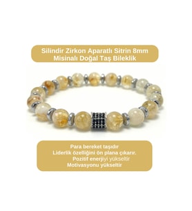 SERTİFİKALI Zirkon Aparatlı Sitrin - 8mm Doğal Taş Misinalı Bileklik