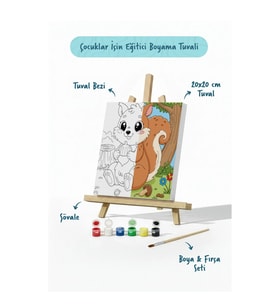 Sevimli Sincap Temalı Çocuk Boyama Tuvali – Şövaleli Eğitici Boyama Seti 20x20 cm