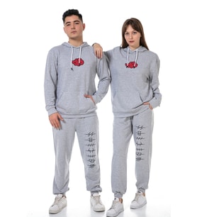 Vishenka Unisex Anime Baskılı 3 İplik Kapüşonlu Kanguru Cepli Gri Renk Sweatshirt Takım