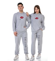 Vishenka Unisex Anime Baskılı 3 İplik Kapüşonlu Kanguru Cepli Gri Renk Sweatshirt Takım