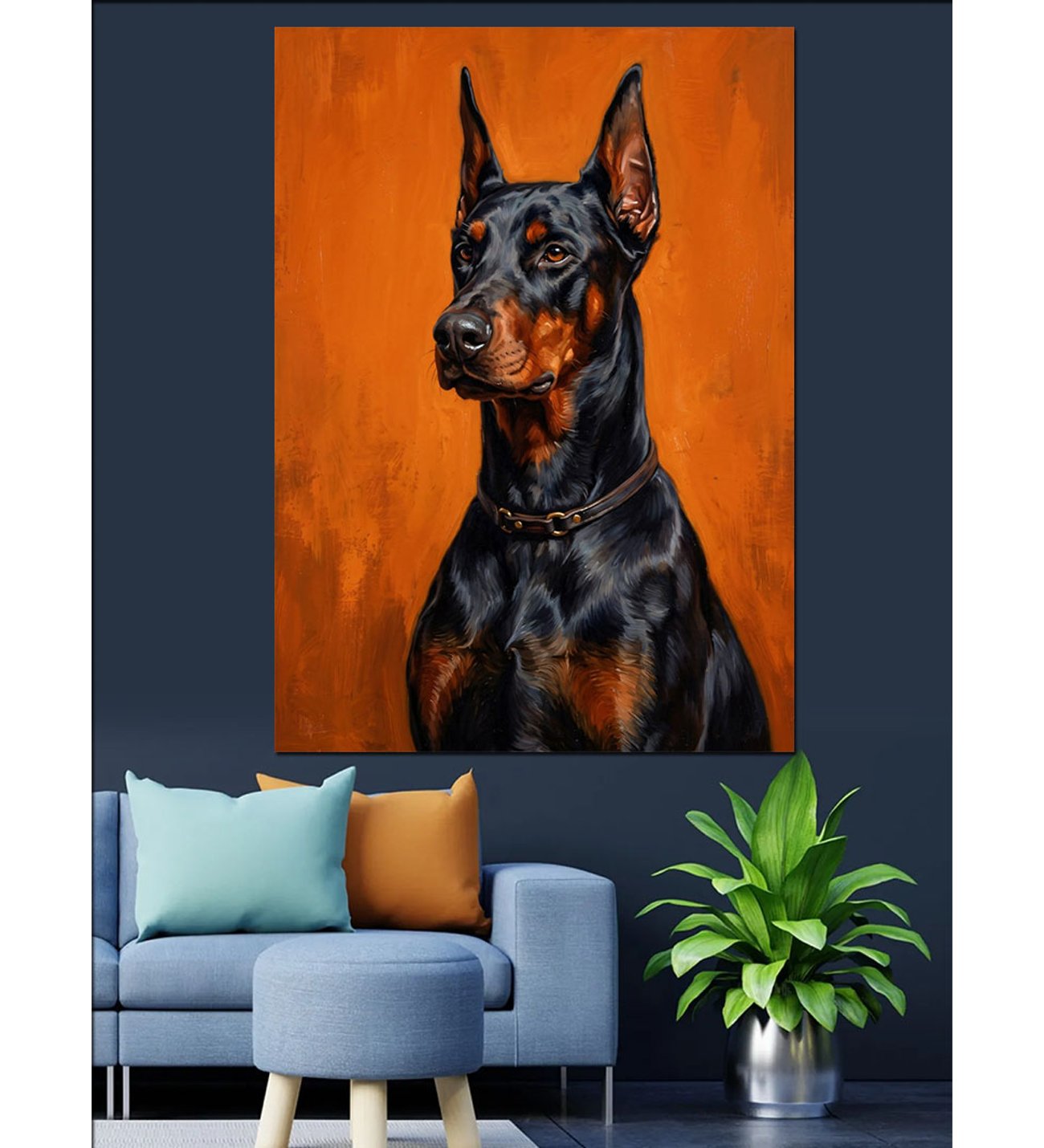 Turuncu Zeminde Doberman Köpek Portresi Dekoratif Kanvas - Mdf