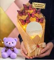 Kişiye Özel Led Işıklı Aynalı Kelebek Buketi & Mor Peluş Ayıcıklı (Pembe)