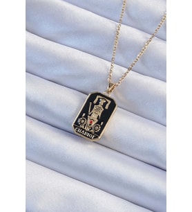 316L Çelik Zincir Altın Renk Siyah Mineli Tarot Kolye 5886 - HPSBYI7783-7459
