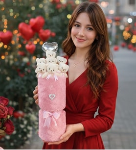 Anneler Gününe Özel Pembe Peluş Vazo Tasarım, Kalp Balonlu Ayıcık Buketi 14 Şubat Hediyesi Sevgiliye Kıza Hediye