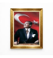 Tablore Türk Bayrağı Temalı Atatürk Tablosu Altın Çerçeveli