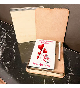 Sevgililer Günü Hediyesi Ahşap Kutulu Defter Kalem Set 021