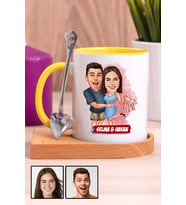 Sevgiliye Hediye Evlenme Teklifi Temalı Karikatürlü Ahşap Altlıklı Sarı Kupa Bardak