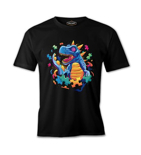 Dinosaur with Puzzle Pieces Around Siyah Erkek Tshirt