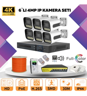 6'lı Güvenlik IP Kamera Seti - 4MP Dış Mekan Kamera, 3.6mm Lens, H.265, PoE, Warm Led Gece Görüşlü (Beyaz)