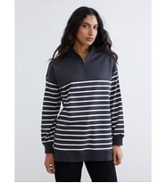 LCW Modest Gri Dik Yaka Çizgili Kadın Sweatshirt Tunik