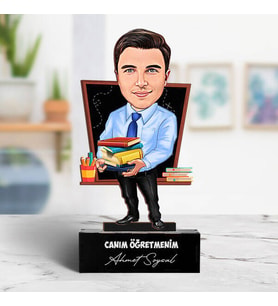Kişiye Özel Mavi Gömlekli Öğretmen Karikatürlü Biblo