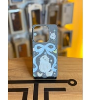 Redmi Note 14 Uyumlu Özel Tasarım Sevimli Figürlü Deri Dokulu Telefon Kılıfı (Koyu Gri)
