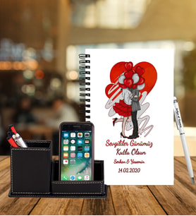 Sevgililer Gününe Özel Ahşap Defter Kalem & Deri Kaplama Kalemlik Hediye Seti 37