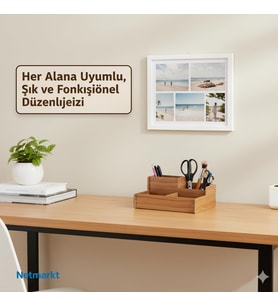 Ahşap Masa Üstü Organizer, Kalem ve Makas Tutucu, Kahverengi Meşe, Ofis Masası Düzenleyici, Çok Bölmeli