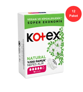 Kotex Ultra Natural Uzun Ped 16'lı x 12 Paket (Toplam 192 Ped) %100 Pamuk, Vegan ve Hipoalerjenik