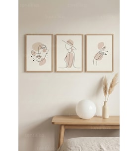 Tek Çizgi İnsan Figürleri Minimal 3’lü Ahşap Çerçeveli Tablo Seti – Modern Duvar Dekoru
